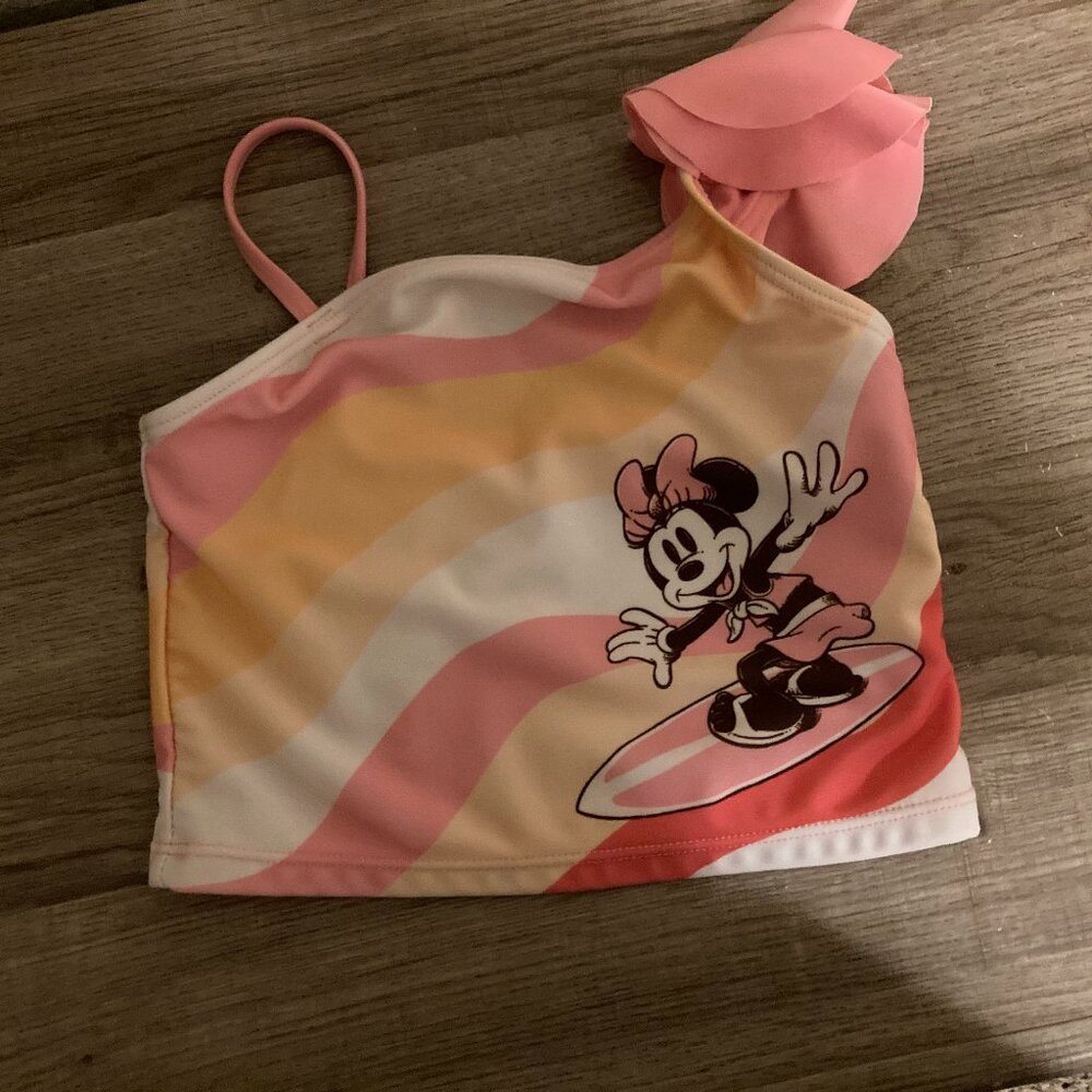 Disney Junior Classic Minnie Mouse Swimsuit Top 4T Pink and White Ruffle Sleeve